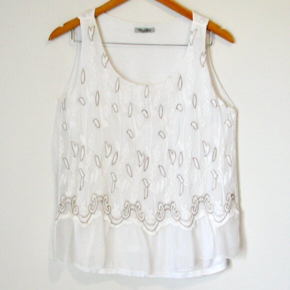 Elena Baldi White Silk Embroidered Tank Top Ruffled Boho Gold Thread Italy Small - Picture 1 of 15